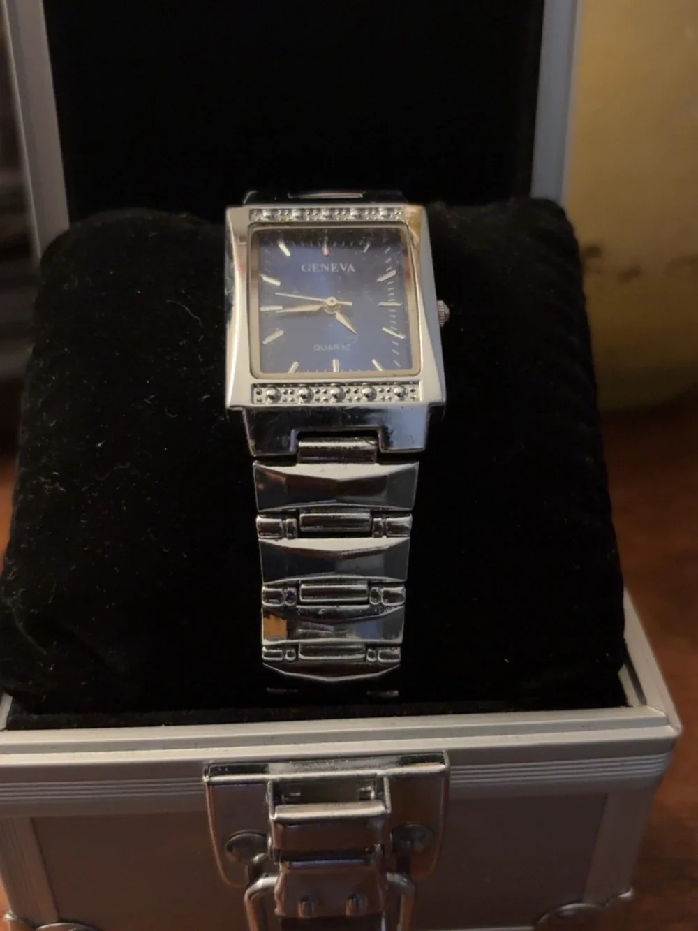 Vintage Geneva Men’s Silver Bracelet Watch with Blue Dial